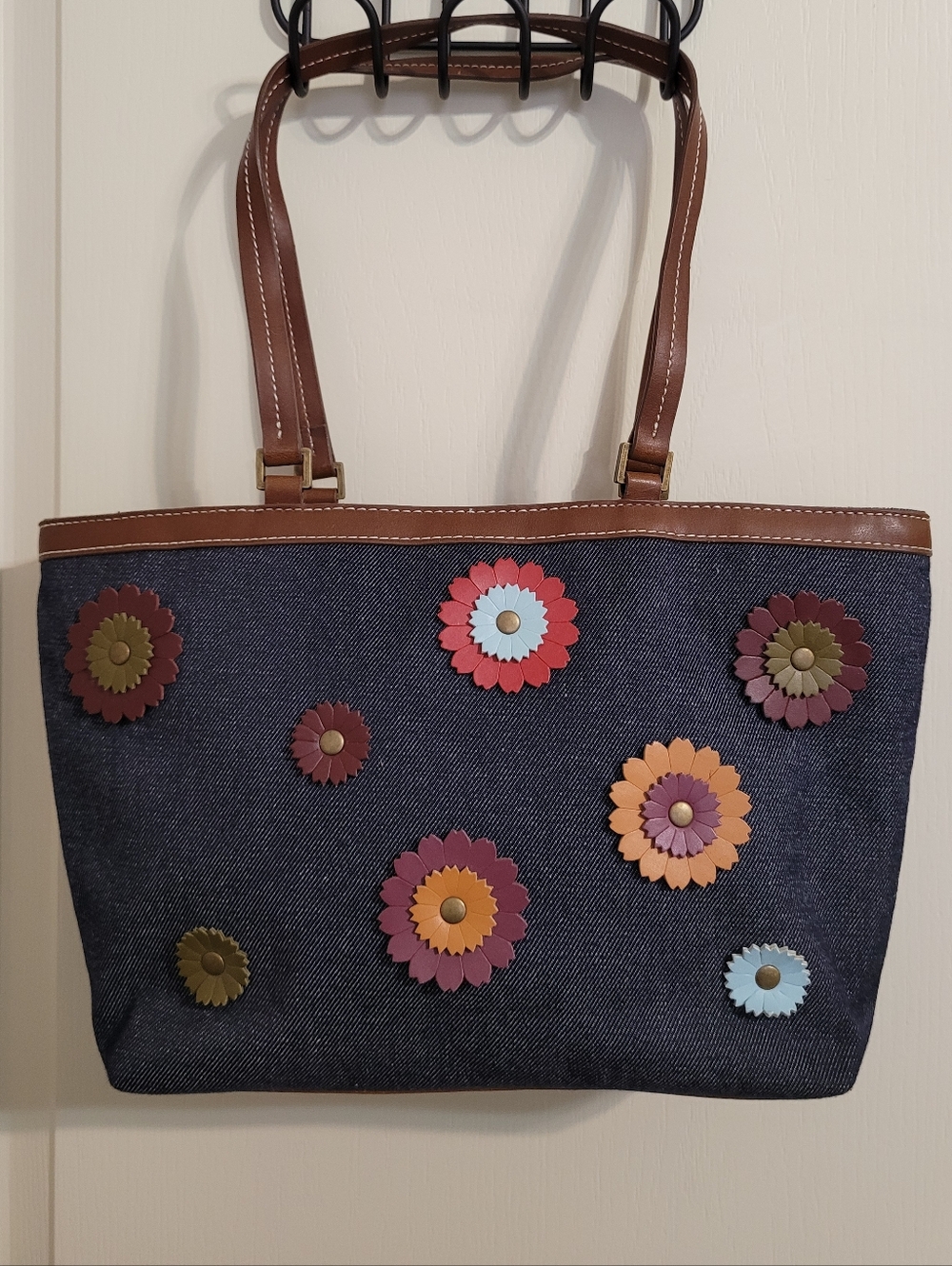 Liz Claiborne Floral Appliqué Denim Tote Bag - GUC